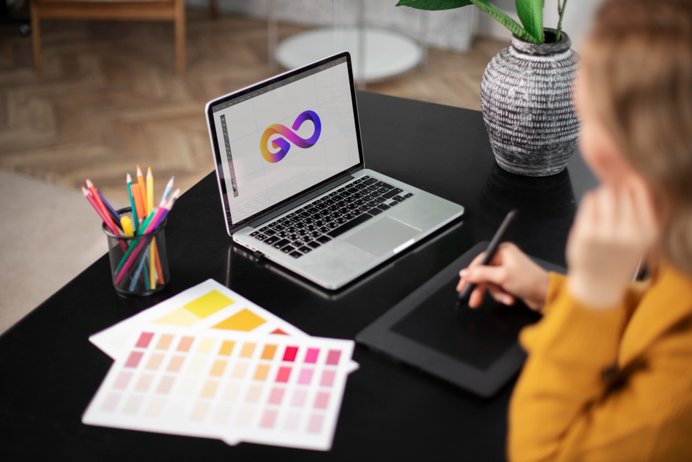 Saiba como a logomarca para empresa contribui para o sucesso 3 female logo designer working her tablet connected laptop